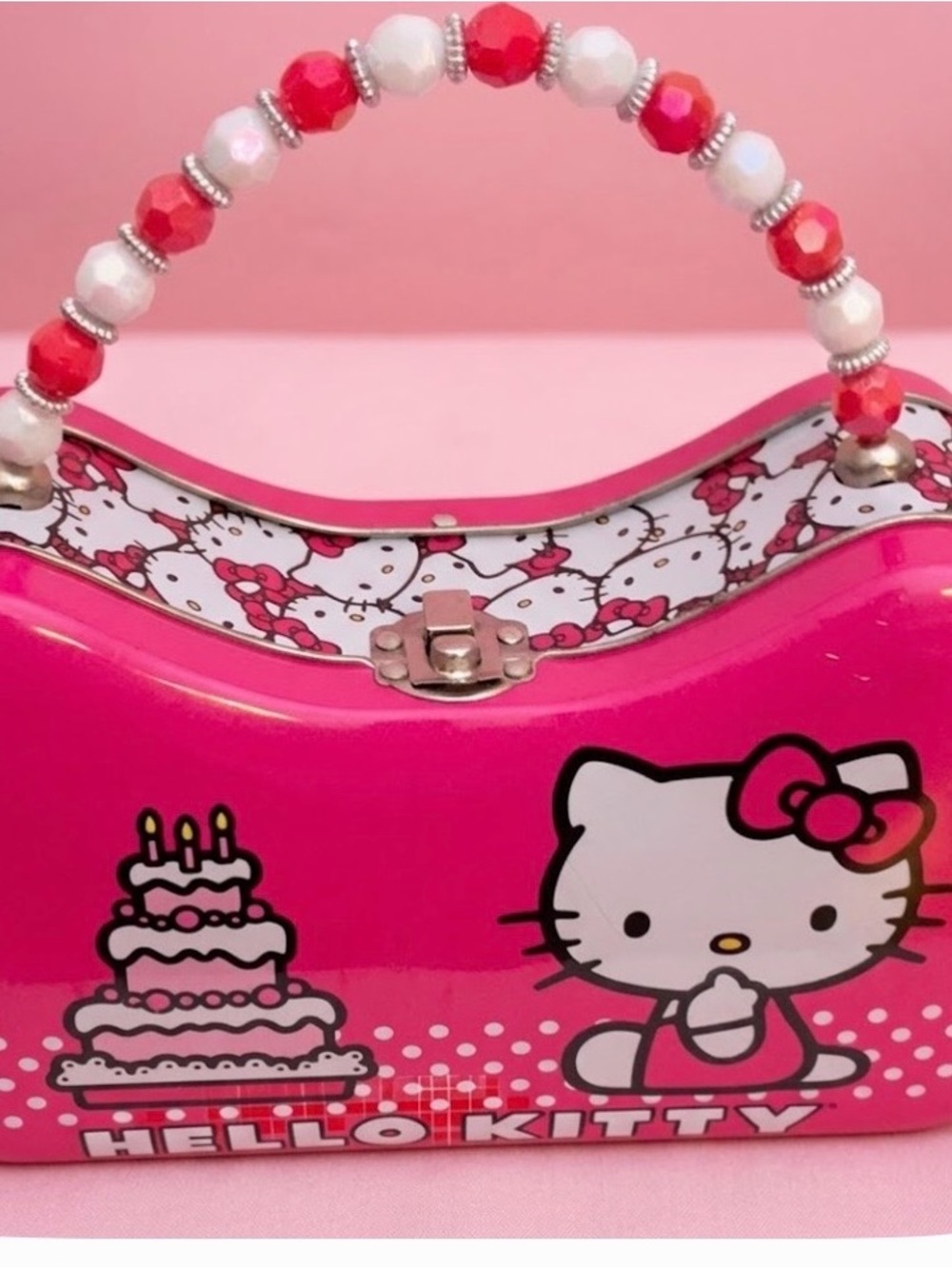 Hello Kitty Hot pink-tin Purse-lunch box-school supply box-trinket-beaded handle